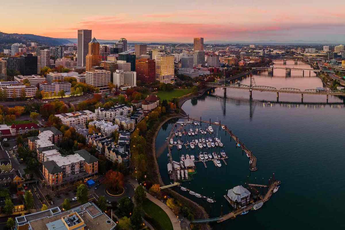 Portland skyline with Mt. Hood behind it